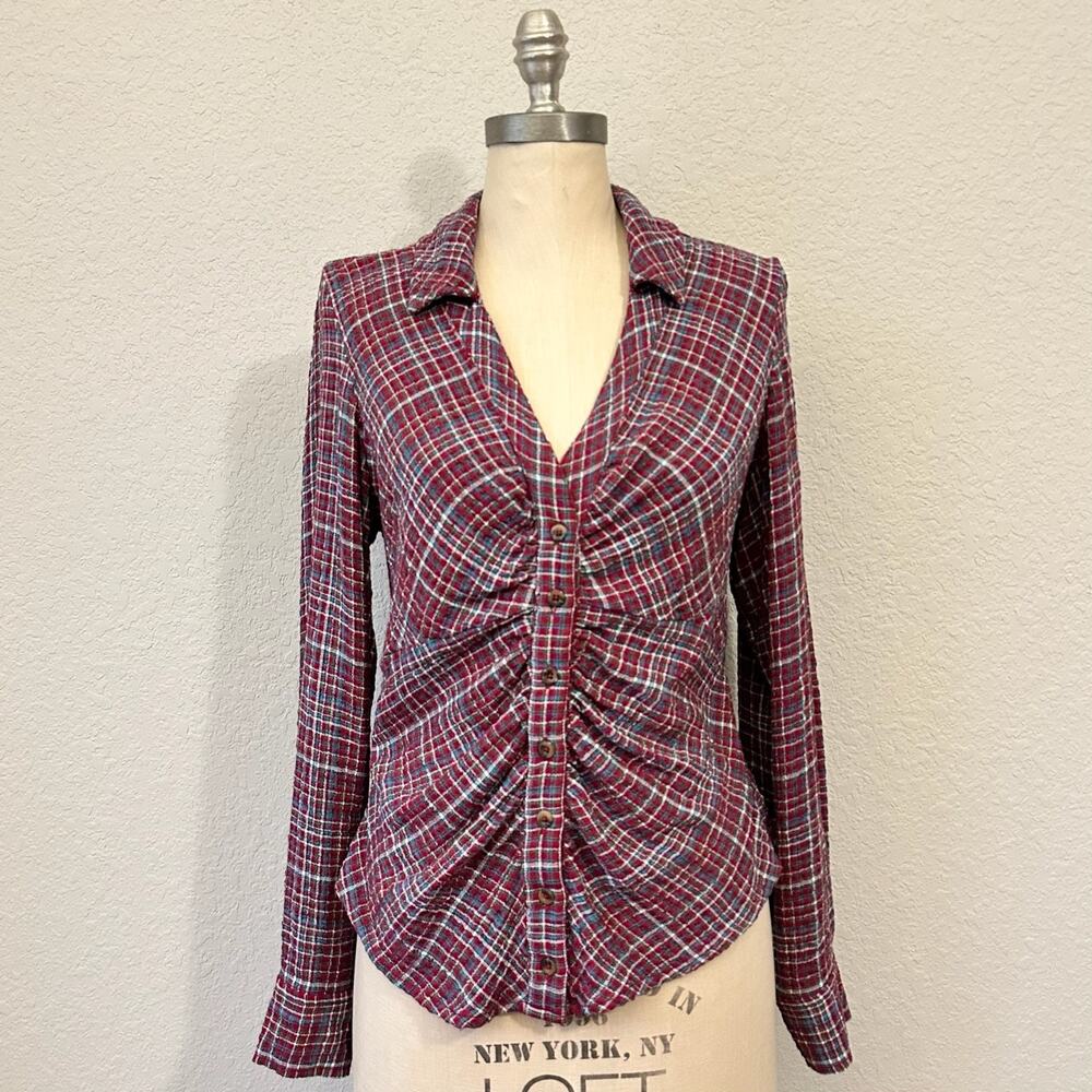 PILCRO ANTHROPOLOGIE Keaton Top Red Plaid Ruched LS Blouse Academia